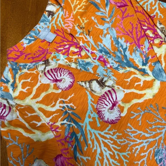 Chico's Women’s 3/4 Sleeve Coral Cotton Slub Vneck Sharkbite Hem 1 Medium - Picture 1 of 14